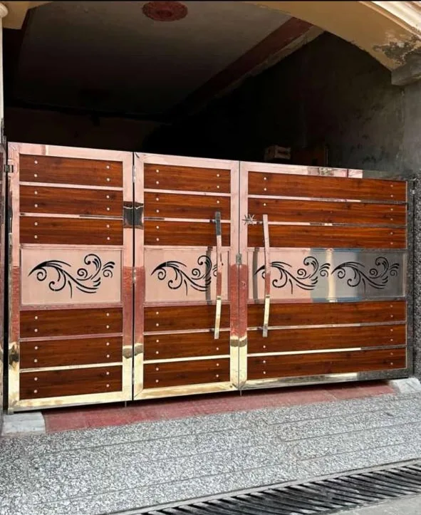 Entrance gate with wood-finish panels and metal accents