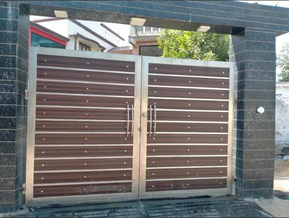 Wood-finish entrance gate with stainless steel frame
